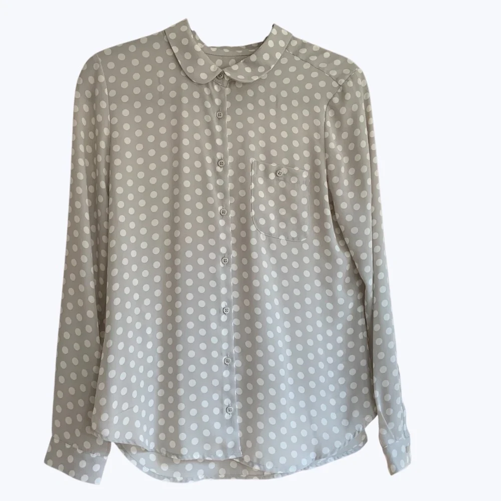 LOFT Grey White Polka Dot Silky Button Front Long Sleeve  Blouse SZ S